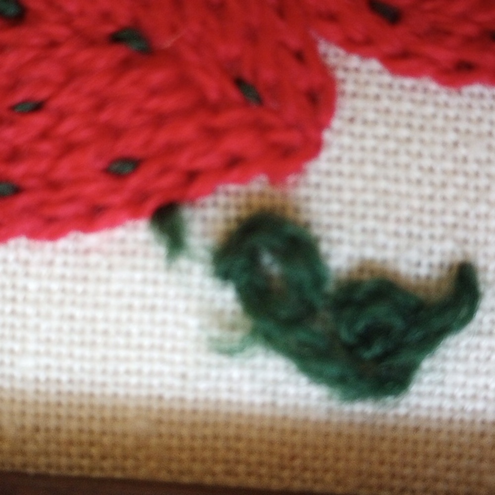 Vintage Completed Crewel Strawberry Sampler in Brown Wood Frame, Red Green White - Picture 5 of 5